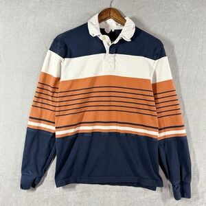 John Lewis Rugby Shirt Mens Large Navy Orange Striped Long Sleeve Polo